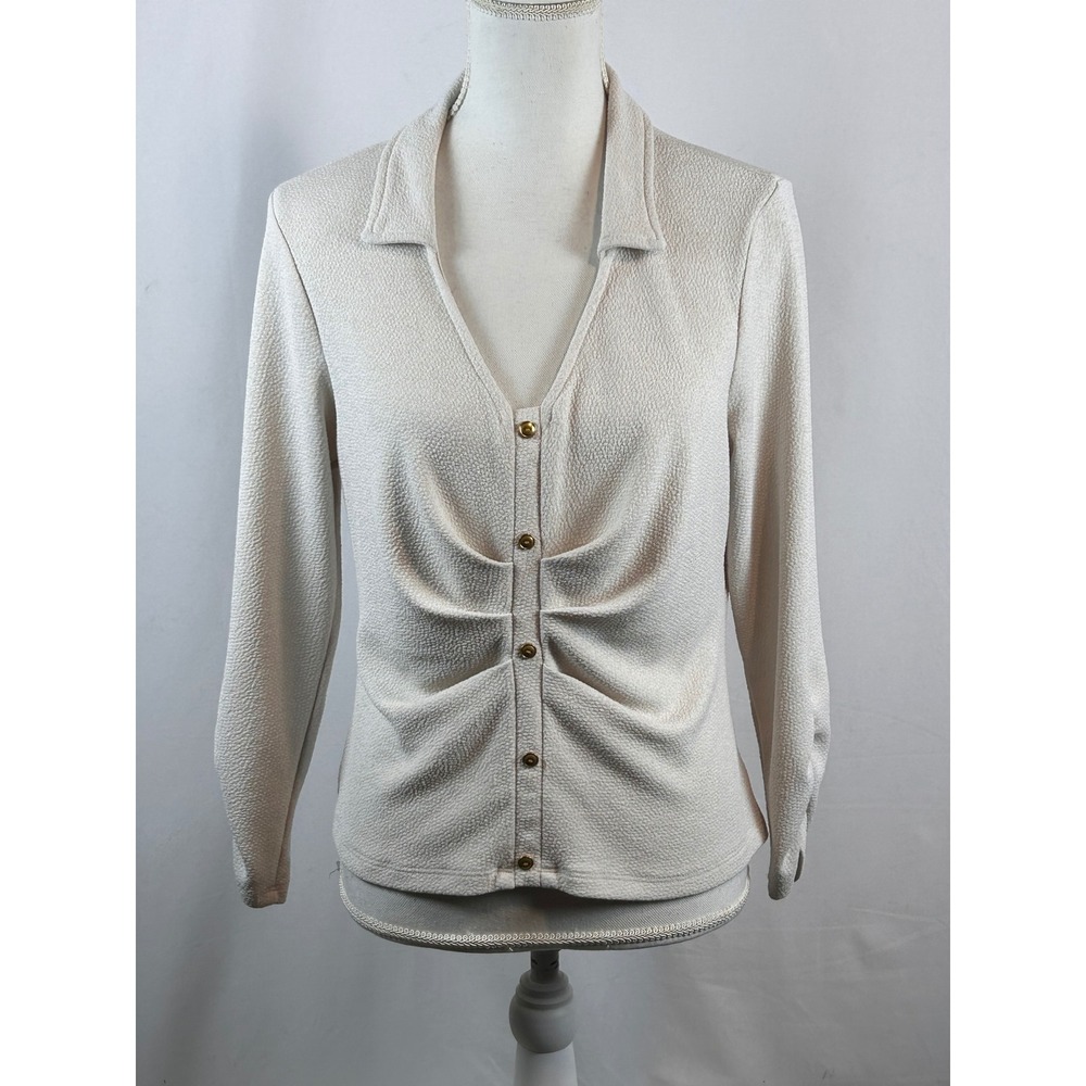 Creneau Ruched Button Front Top Womens L Cream Excellent Textured Long Sleeve